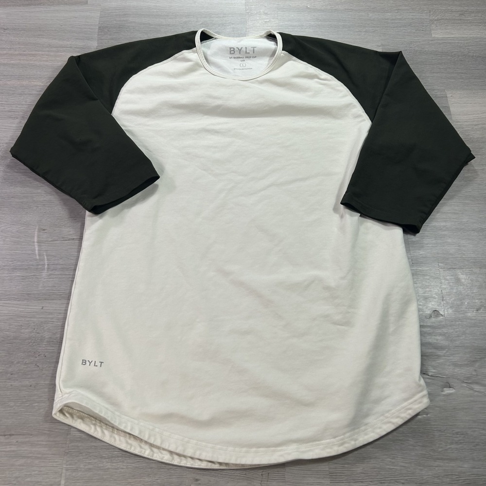 BYLT Shirt Mens Large White Black 3/4 Baseball Drop-Cut Curved Hem Tagless Tee